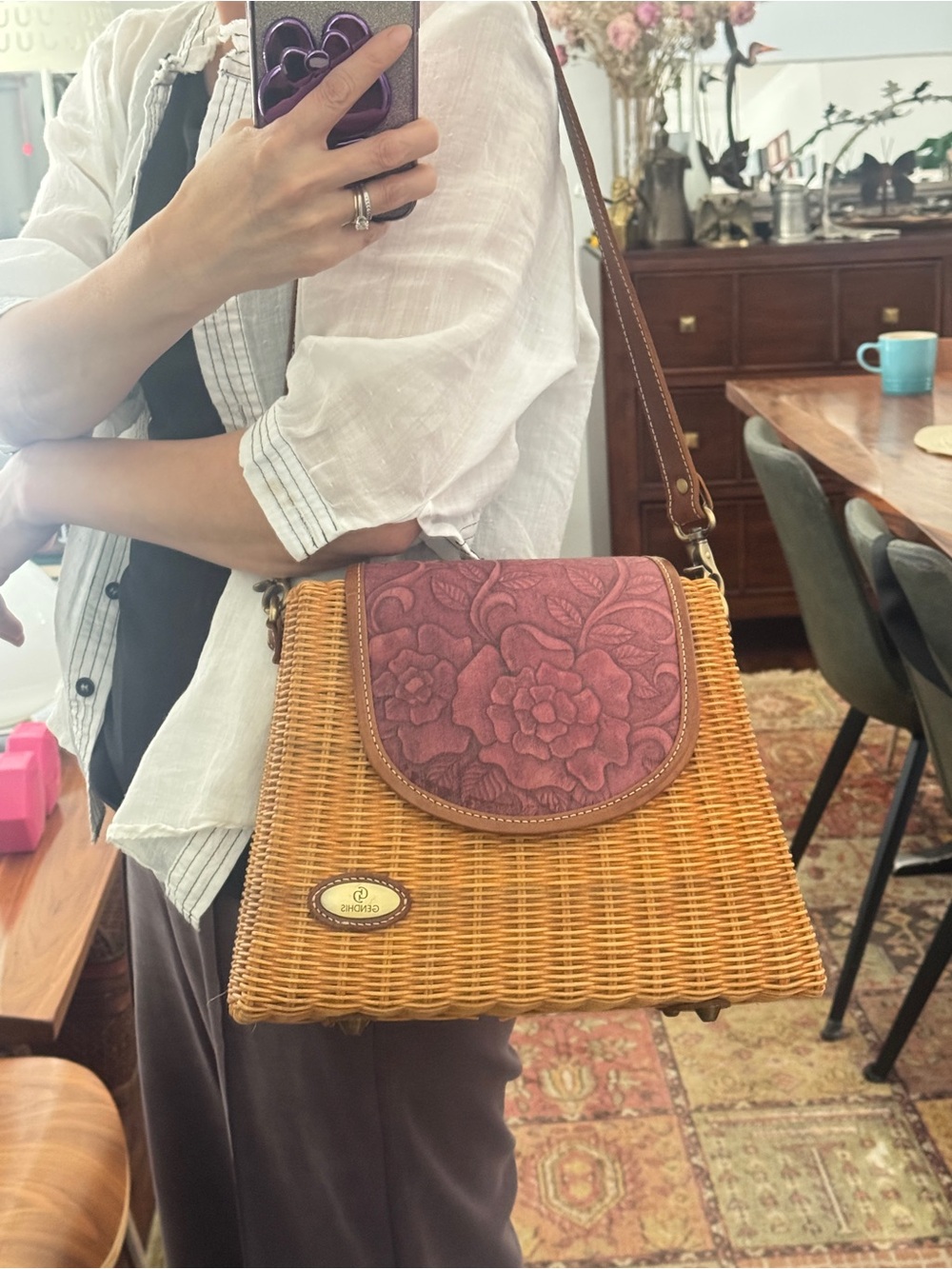 Woven Rattan Shoulder Handbag with Embossed Rose Flap Brown & Dusty Rose